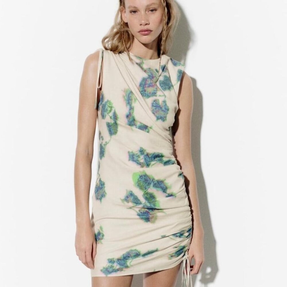 zara linen blend draped side draped shoulder beige dye dress sleeveless size:S
